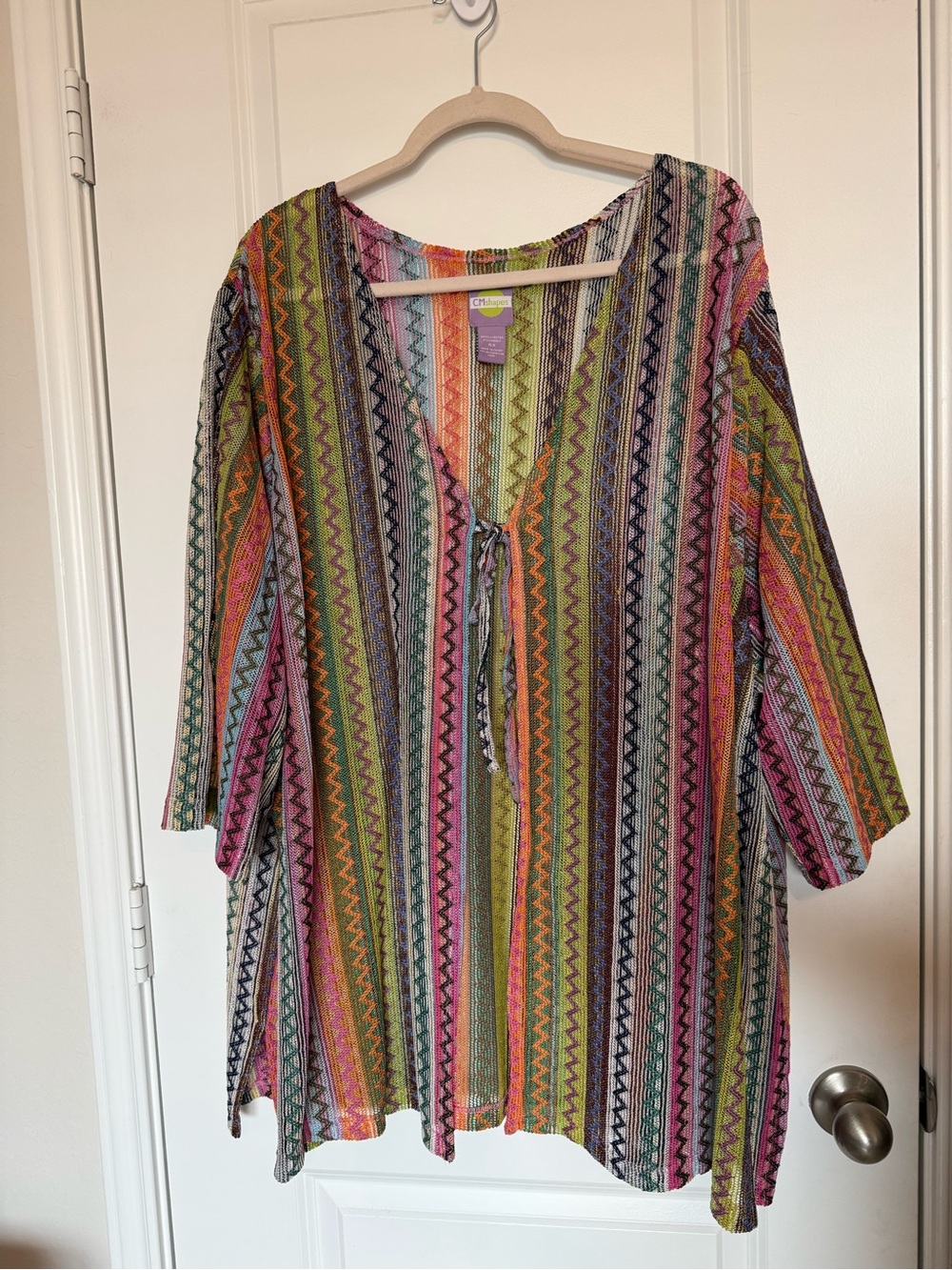 CM Shapes Zigzag Striped Short Sleeve Cardigan Cover-Up